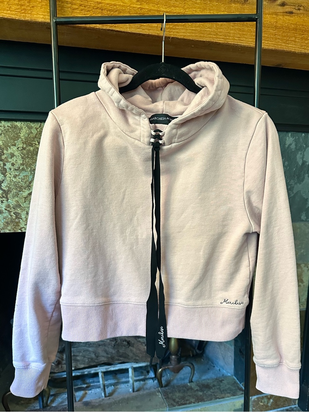 Marchesa Light Pink Hooded Cropped Sweatshirt with Black Drawstring